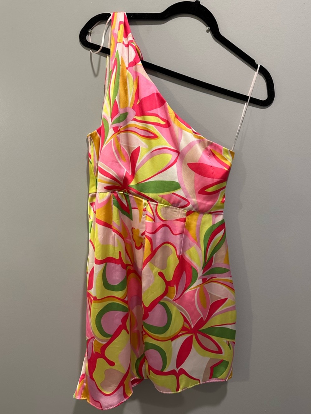 DO+BE Satin One Shoulder Ruched Abstract Floral Tropical Print Dress Size L - Picture 5 of 8